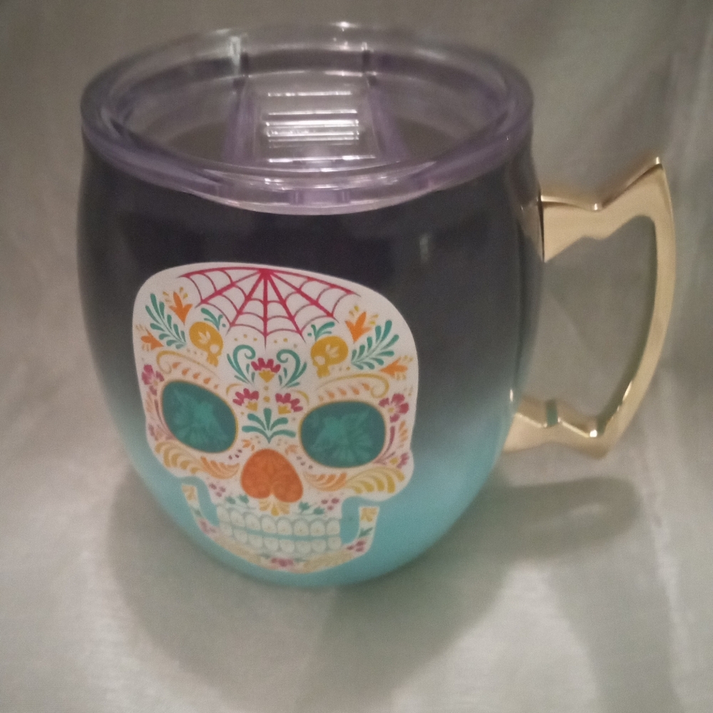 Vibrant Skull Mug with Gold Handle